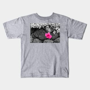 Pink Hibiscus on Lava Rock Wall Kids T-Shirt